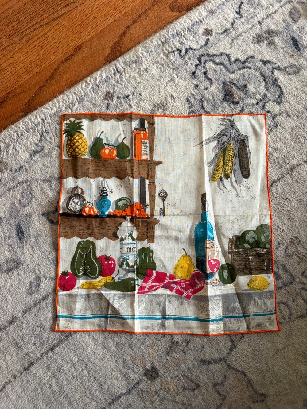 Vintage Hankerchief with fruit and vegetable still life print MidCentury Modern